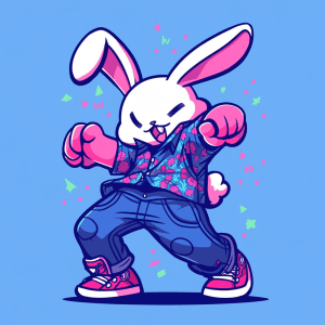 AI generated: Playful Rabbit Monster dancing, tshirt vector, 90s Pattern illustration, blue background --niji 5