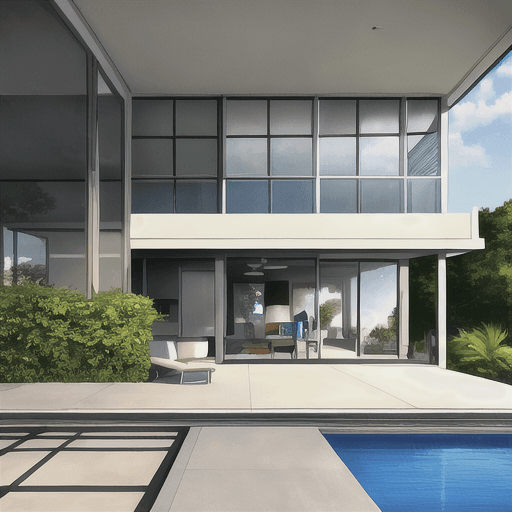 AI generated: Hyper realistic eye level exterior photo of a mid century modern style house overlooking the ocean, ...