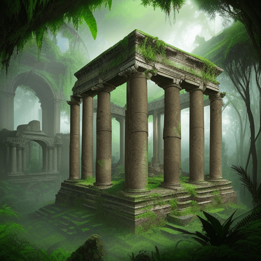 AI generated: Mystical, ancient ruins covered in lush vegetation, evoking a sense of wonder and discovery, atmosph...
