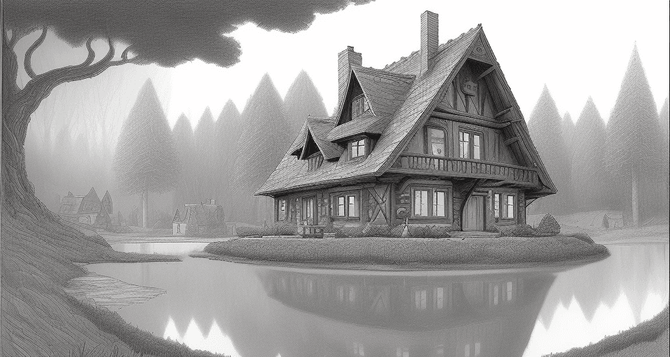 AI generated: A simple storyboard sketch of a small unique surrealistic wizard's house nestled in the rear of an E...