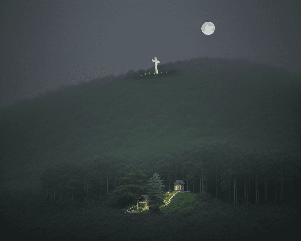 AI generated: rocky hill full of long green trees with only a wooden cross on the top of the hill, together with a...
