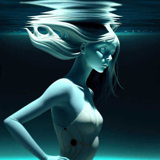 AI generated: alice floating horizontally under water.
realistic, not creepy
looking towards the top
 arm pointing...