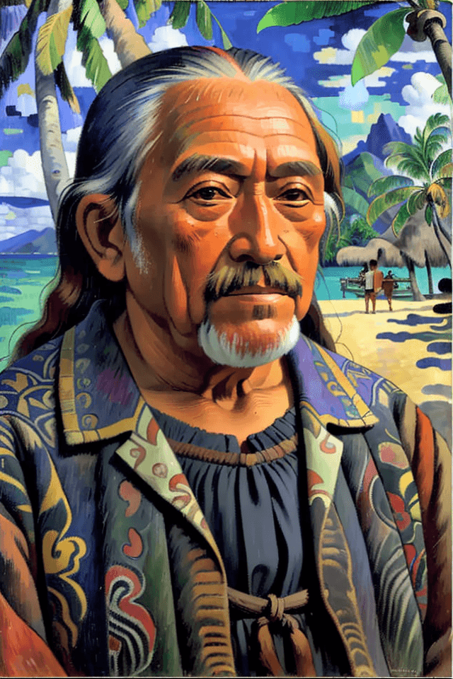 AI generated: Half-height, Front view Portrait of old Paul Gauguin, Tahiti background, realism, 8K, highly detaile...