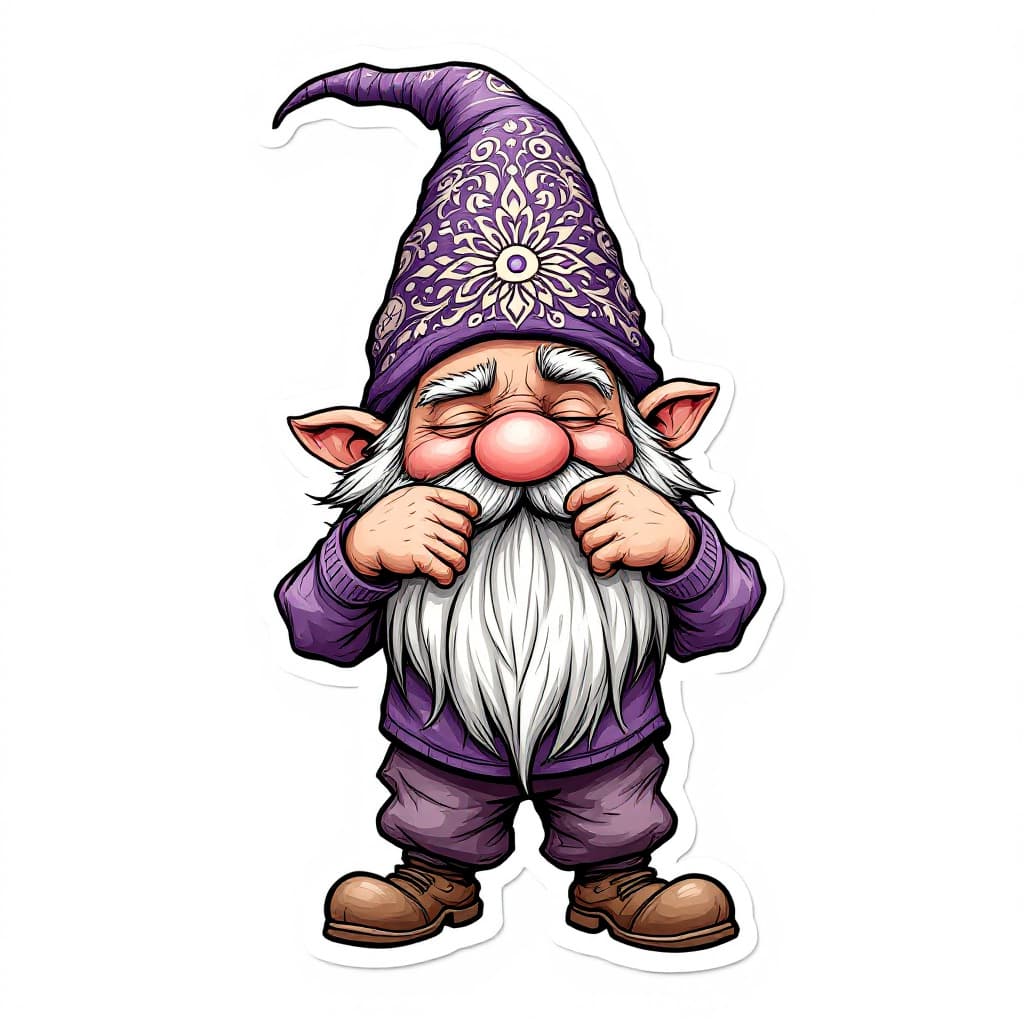 AI generated: A highly detailed full-body cartoon sticker of a whimsical gnome character. The gnome is wearing a v...
