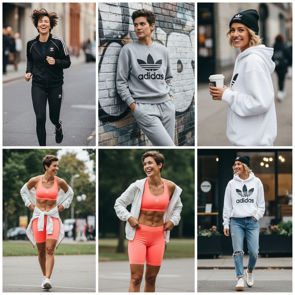 AI generated: a short hair woman modeling Adidas outfits, multi take, multi pose. Candid