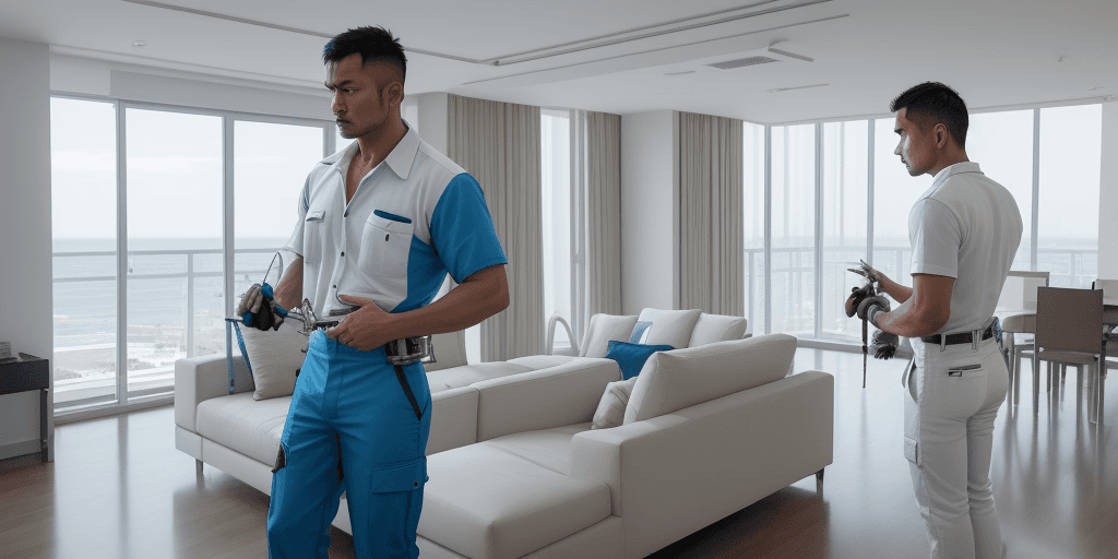AI generated: a maintenance technician who is Asia male wear a white shirt and blue trousers standing and just sho...