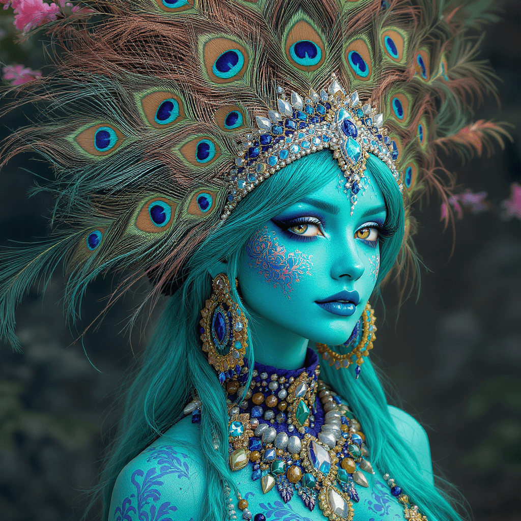 AI generated: peacock - themed girl, teal hair, elaborate peacock feather headpiece, large colorful hoop earrings,...