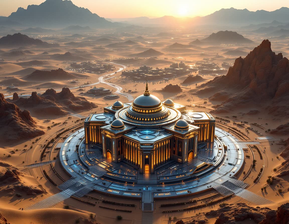 AI generated: The Central bank as seen from above : this imposing building in the center of a futuristic sci-fi ci...