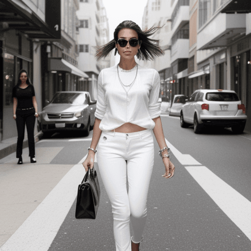 AI generated: An image of a woman confidently walking down a city street. She is dressed in a white shirt and whit...