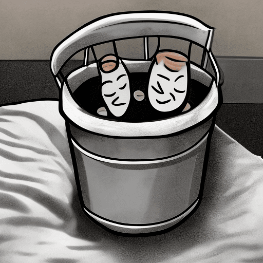 AI generated: cartoon style image of a bucket with closed eyes and smiling sleeping in a bed