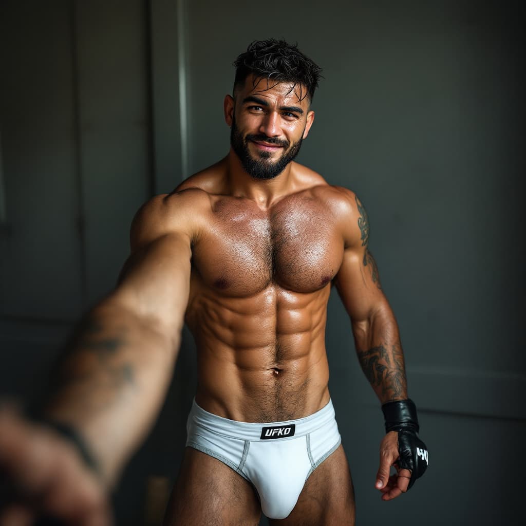 AI generated: MMA fighter. Erko Jun resemblance. Cheeky smile. Rising one eyebrow. Taking Selfie. White briefs. Ha...