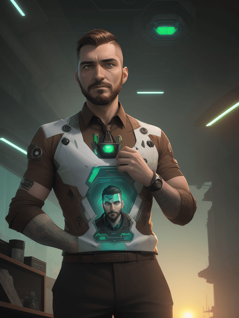 AI generated: an argentian 34 year old man with a short beard,  brown and white undercut hair, green and brown eye...