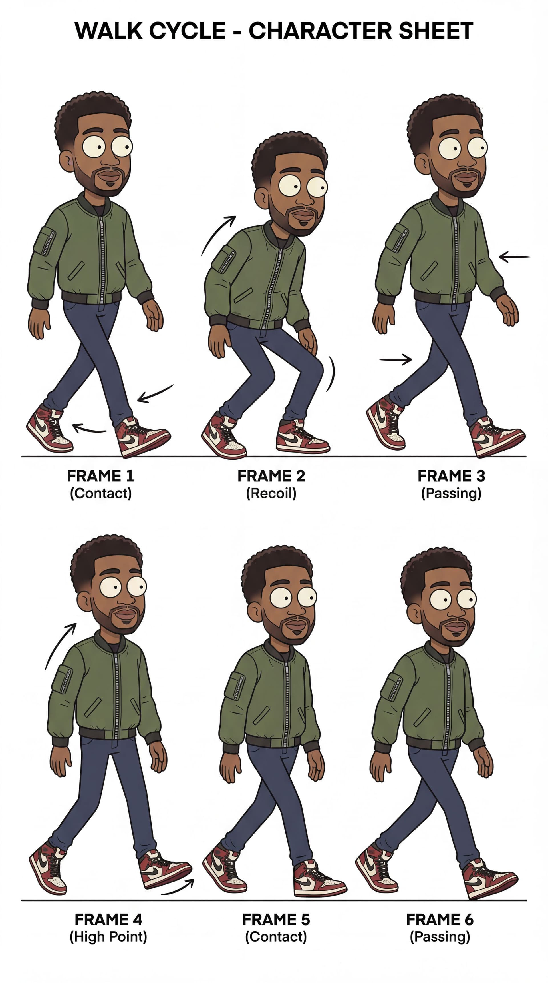 AI generated: make a character sheet of walk cycle.