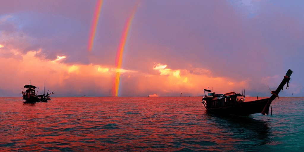 AI generated: sunset in thailand islands with fishing boats, and rainbow in sky  --ar 4:5 --s 5000 --uplight