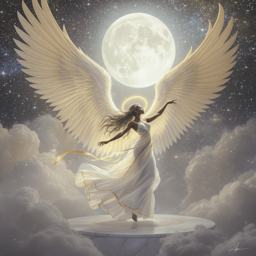 AI generated: A breathtakingly beautiful Black African female angel dancing gracefully under a glowing full moon i...