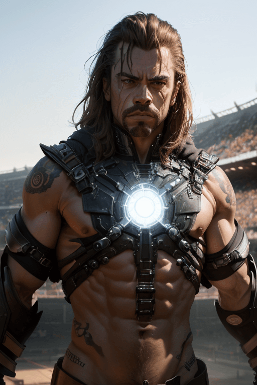 AI generated: close up portrait of Ivan Vanko aka Whiplash, epic scene, proud pose, aggressive gaze, battle-ready,...