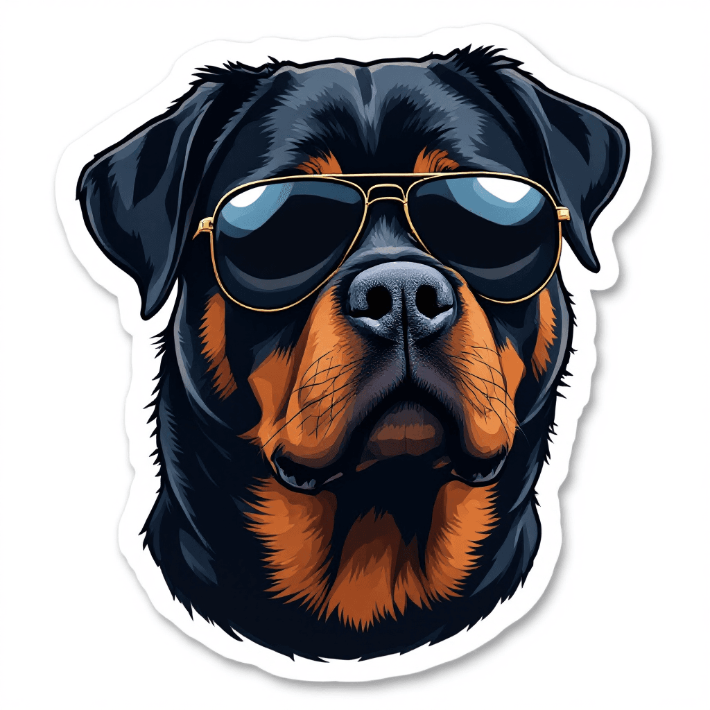 AI generated: A die-cut sticker cartoon style of a German Rottweiler facing forward with a strong and stoic demean...