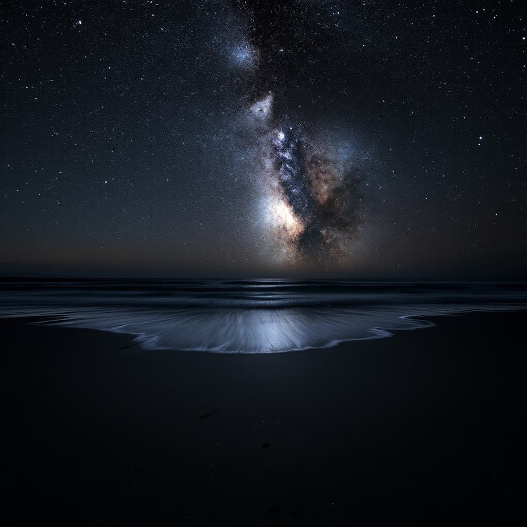 AI generated: The starry sky shines on the beach, with dark gray sand and shallow water in front of it. The Milky ...