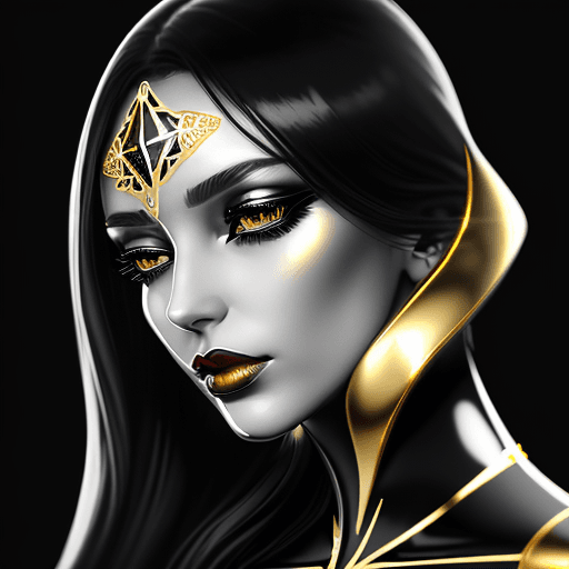 AI generated: Beautiful woman, made up with shiny gold lipstick, like her eyelids, in the style of futuristic mini...