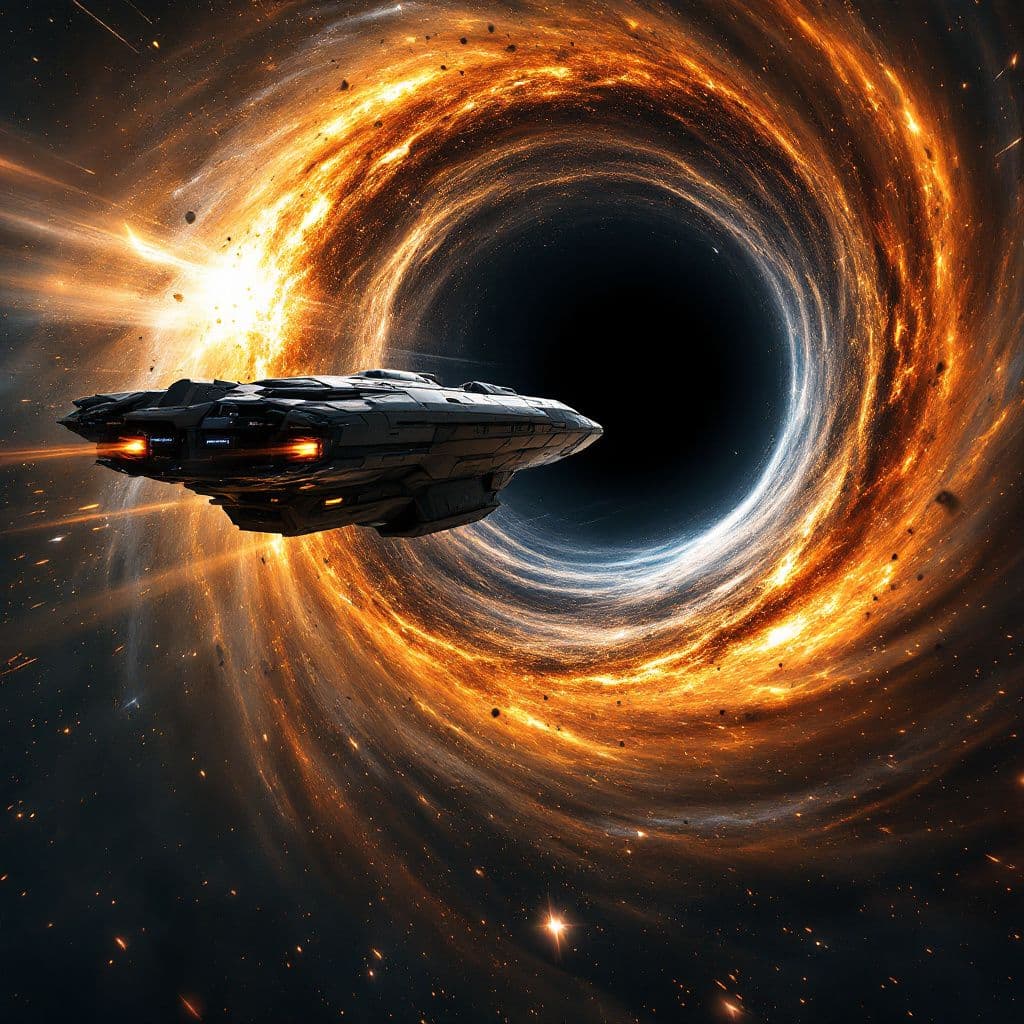 AI generated: A scene of a spaceship escaping from a black hole. The style is reminiscent of a science fiction mov...