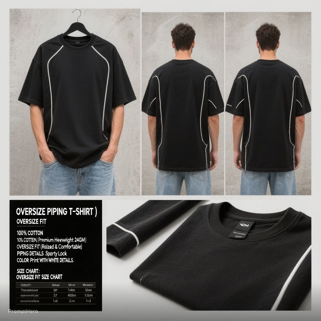 AI generated: A high-quality, professional apparel tech-pack sheet style mockup image of a black oversized-fit str...