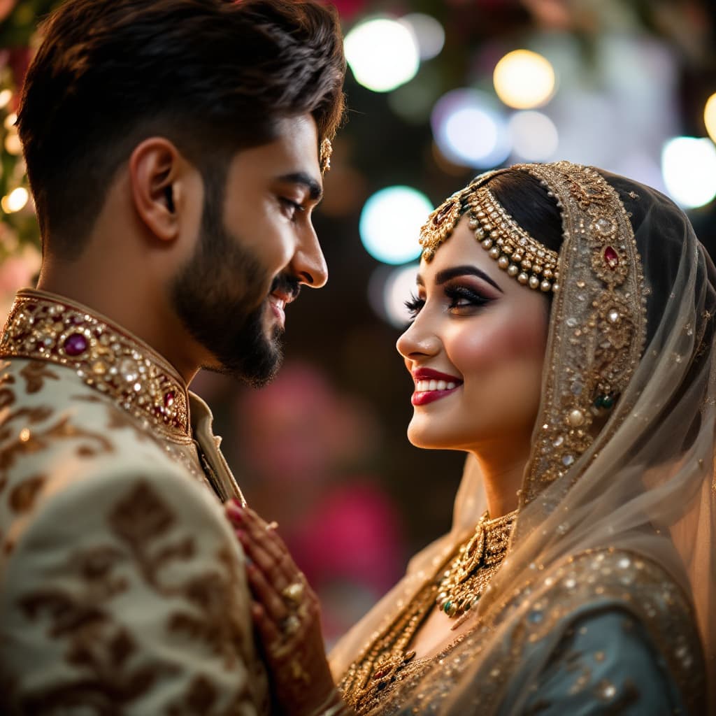 AI generated: Side Profile Closeup:
"A closeup side profile shot of an Indian muslim  bride and groom gazing at ea...