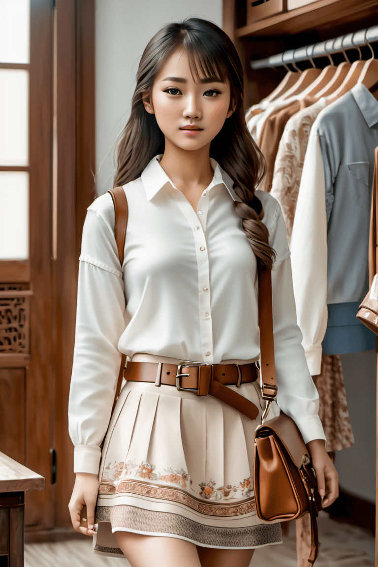 AI generated: A cute Chinese girl wearing a white shirt, brown belt, and off-white skirt, holding a brown leather ...