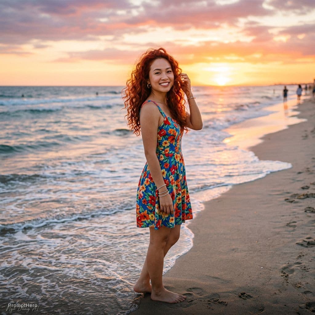 AI generated: A young Vietnamese woman with vibrant red curly hair stands on a beach at sunset, smiling warmly. Sh...