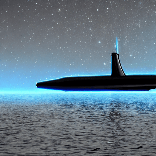 AI generated: Submarine sailing in universe, illustration, dark theme, blue sun, 16k, UHD, HDR, best quality, blue...