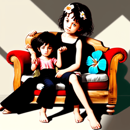 AI generated: one child on the left hand sofa with 2 flowers; and another child on the right hand wooden chair wit...