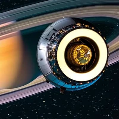 AI generated video: Create an atmospheric photorealistic image of a long shiny silver spacecraft shaped like a giant nee...