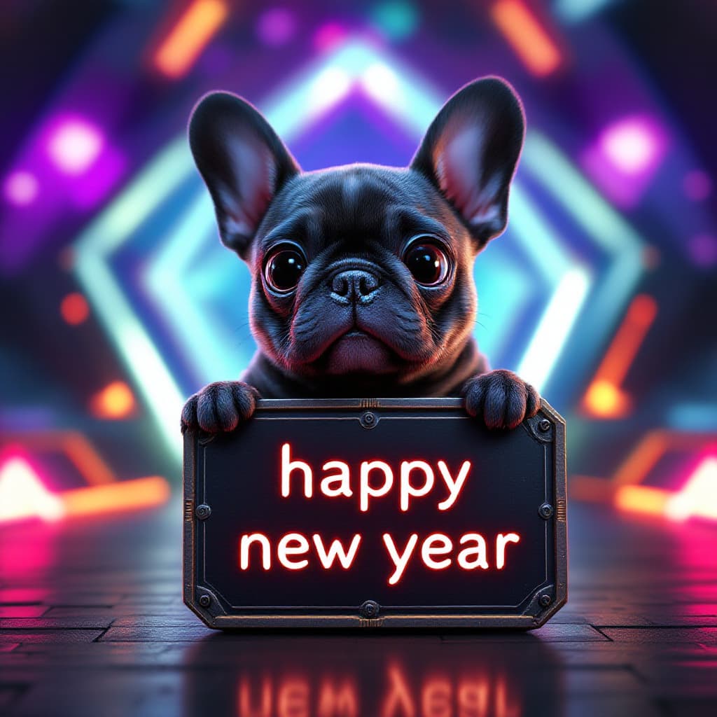 AI generated: P3d Image Pixar Style, Cute french bulldog puppy with huge eyes, holding a Flat lay mockup of [a fut...