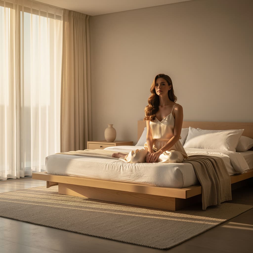 AI generated: In a tranquil minimalist bedroom, a poised woman sits on a low modern platform bed, serene and self ...