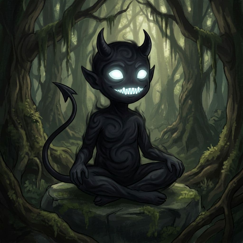 AI generated: a small black basic demon with glowing white eyes and glowing white sharp teeth and little black dev...