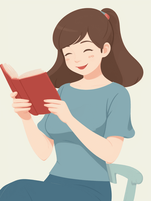 AI generated: a cute lady , reading a book ,she is happy, flat illustration, clean background
