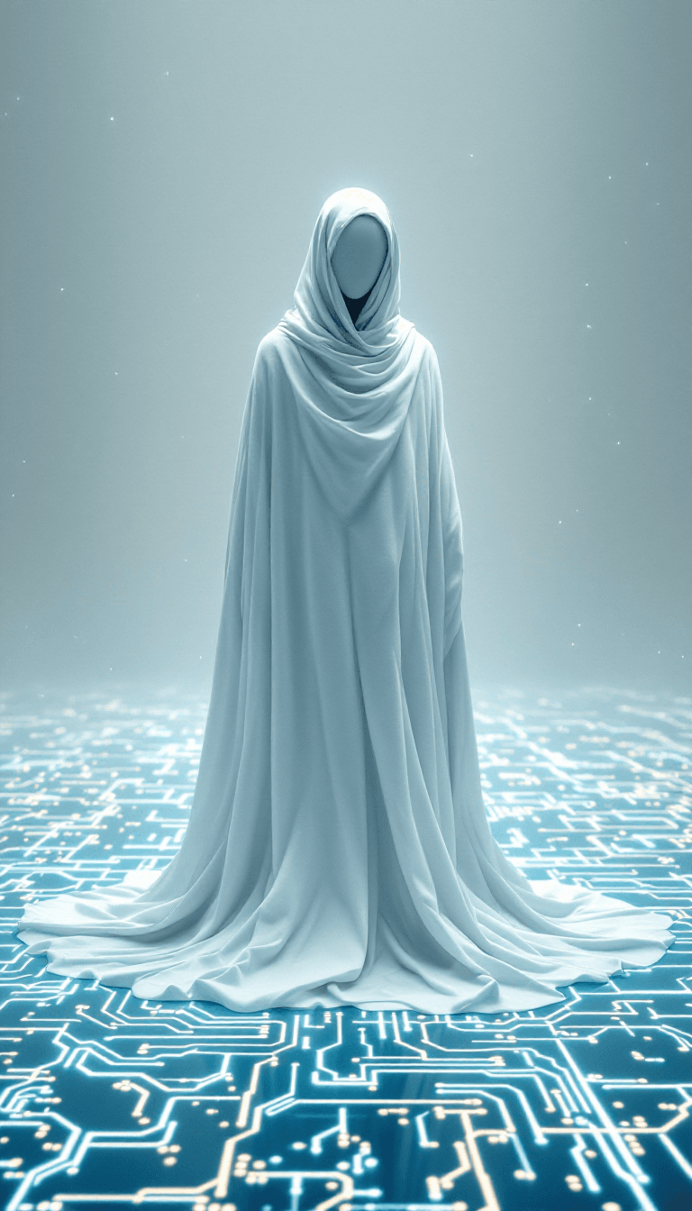 AI generated: This is a hyper-realistic, unsettling photograph of a spectral, all-knowing figure standing on a vas...