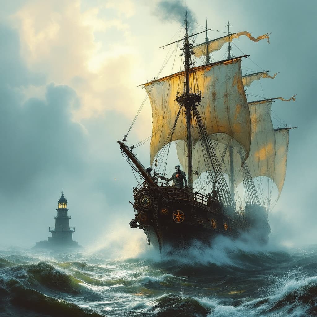 AI generated: Imagine a steampunk, rusty tall ship, ghostly as it sails through the mist in the style of the legen...