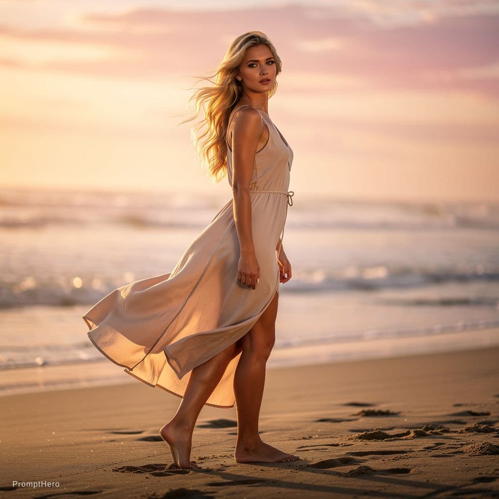 AI generated: A beautiful blonde young woman standing on a beach taking off her clothes