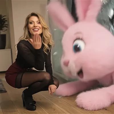 AI generated video: She turns to blow a kiss at the camera, smiling.  As she blows a kiss, a giant pink bunny crashes no...
