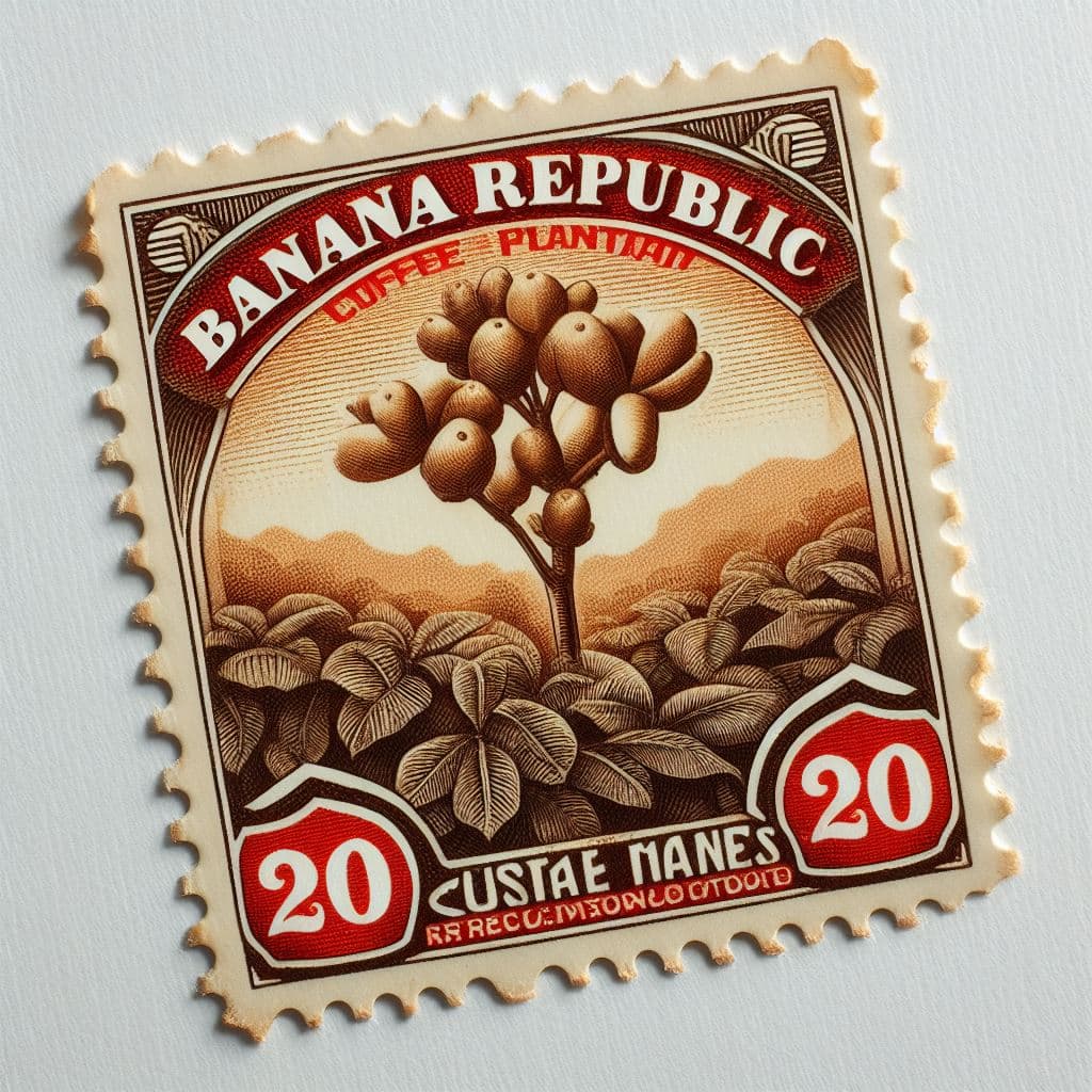 AI generated: macro photography of a vintage postage stamp, coffee plantation, white background, 4k, ultra-realist...