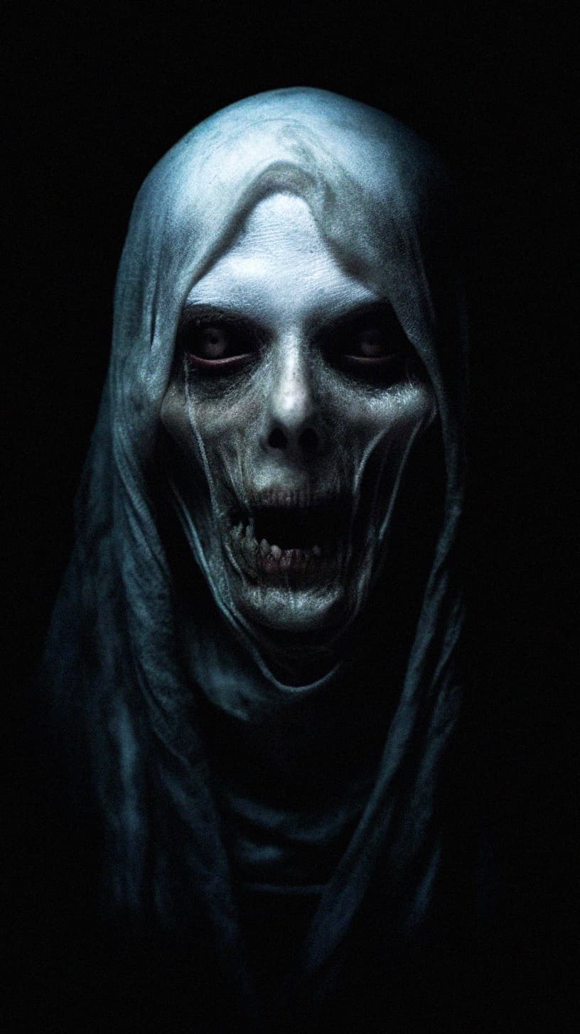 AI generated: Scary cloaked female ghost with lifeless eyes, white pale skin, black background, close-up, horror, ...