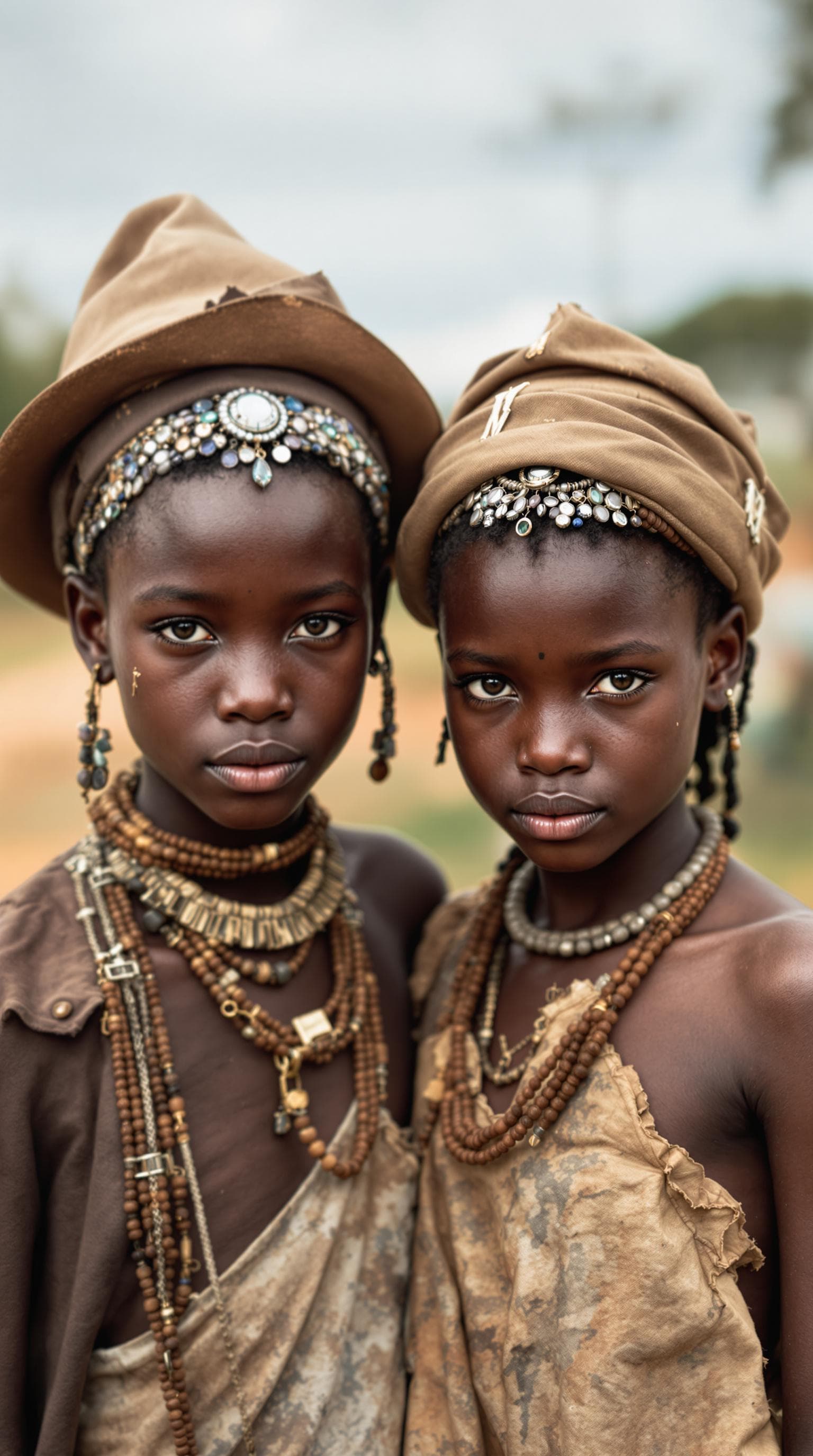 AI generated: Two young African girls, 16 years old, with hats and jewelry on their heads. One of them is in moder...