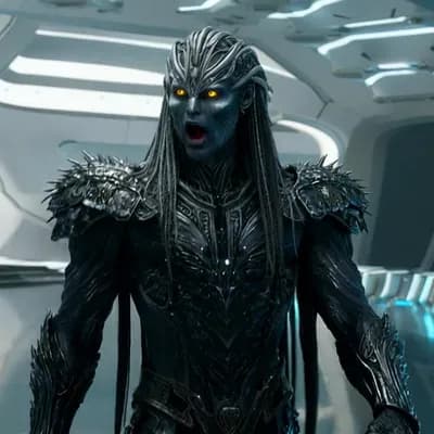 AI generated video: Multiple armed characters from reference image one move through the hangar of reference image 2, clo...