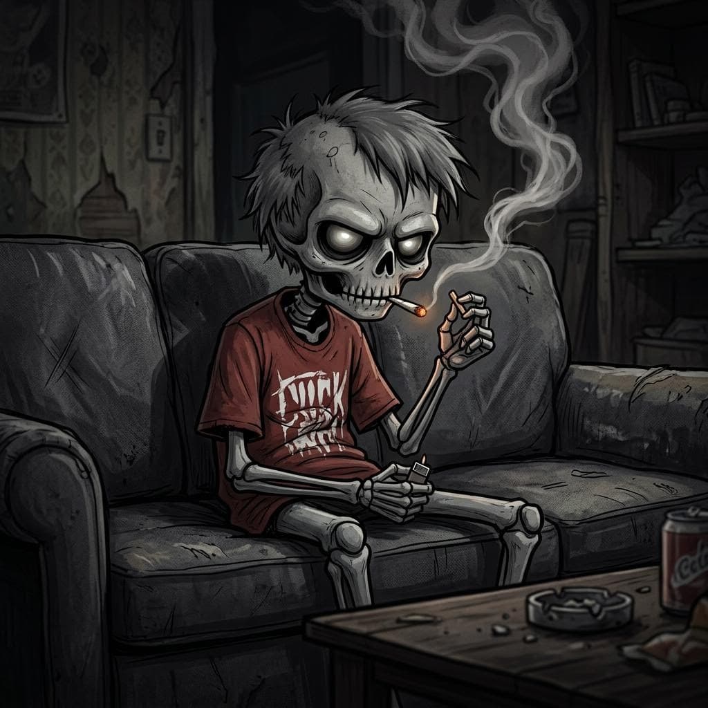 AI generated: Gray,skeletal cartoon character,sitting on a dark couch,smoking a joint,with smoke rising,low-key li...