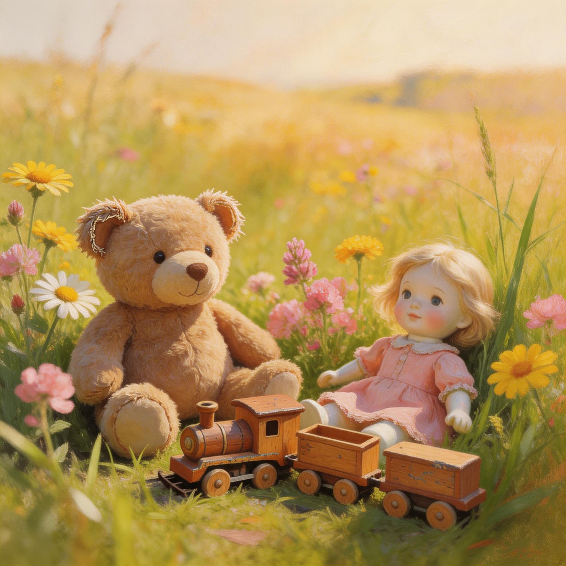 AI generated: A collection of worn children's toys – a teddy bear, a wooden train, a porcelain doll – nestled amon...
