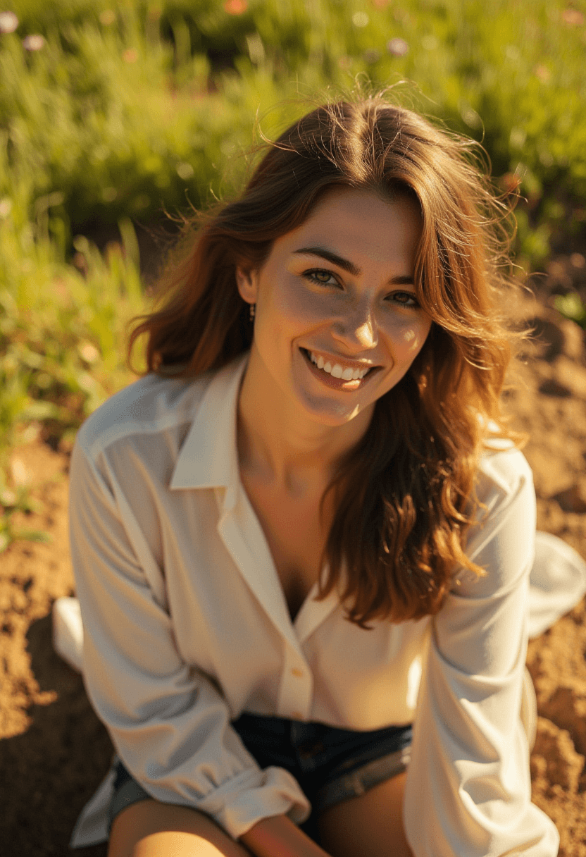 AI generated: A casually dressed woman with olive skin and warm brown eyes sits on the ground, her loose, flowing ...