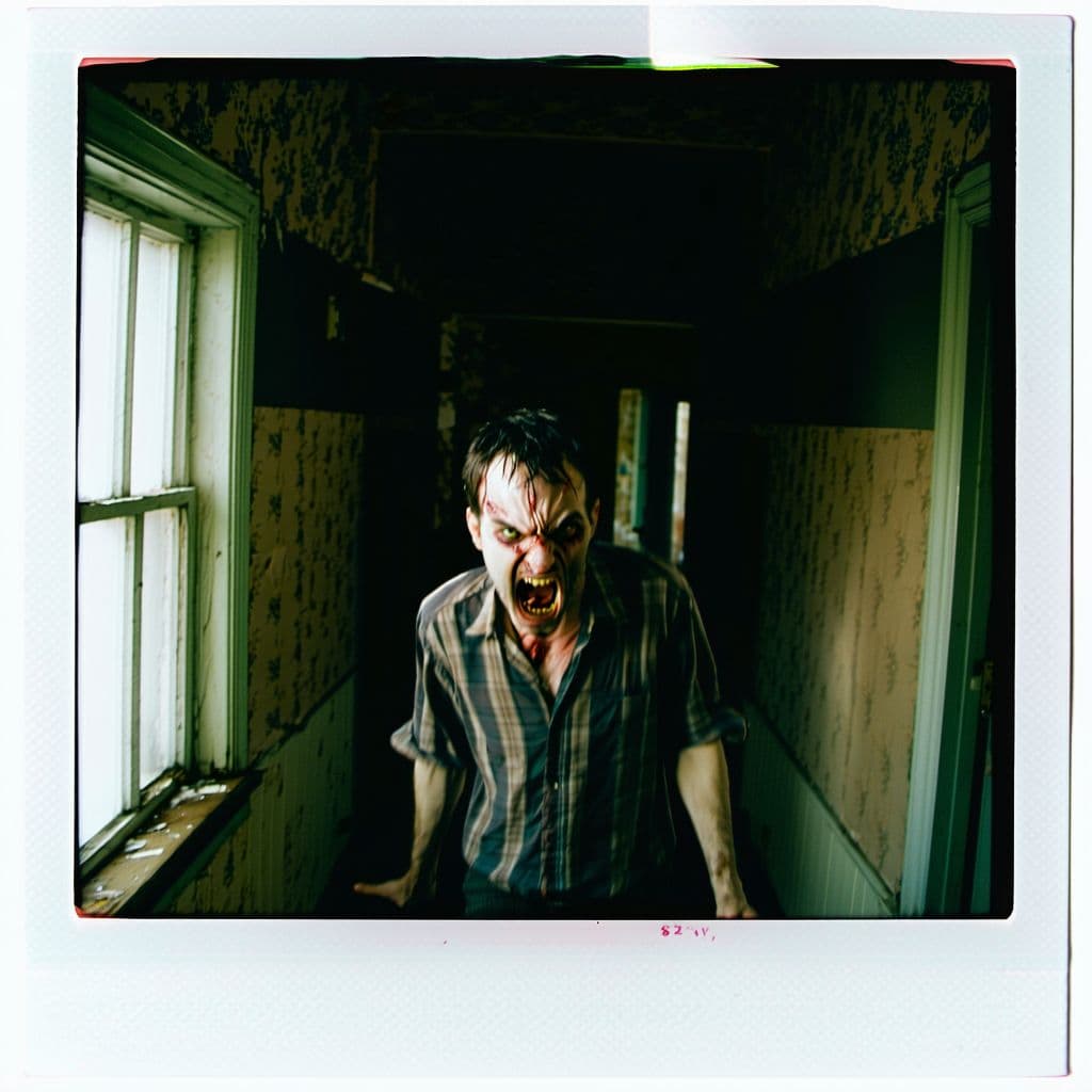 AI generated: grainy 80's photograph quality polaroid of the angriest and creepiest man caught in an abandoned hou...