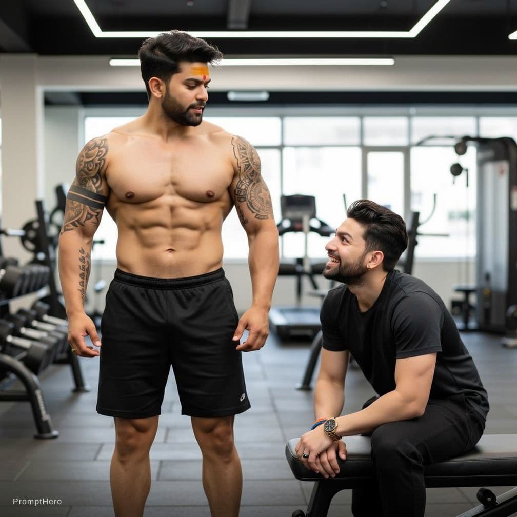 AI generated: Indian muscular handsome man farting on slim boy face 