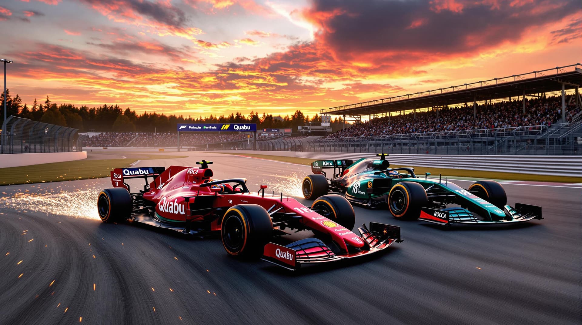 AI generated: A high-speed Formula 1 race is taking place on a professional circuit during a breathtaking sunset. ...