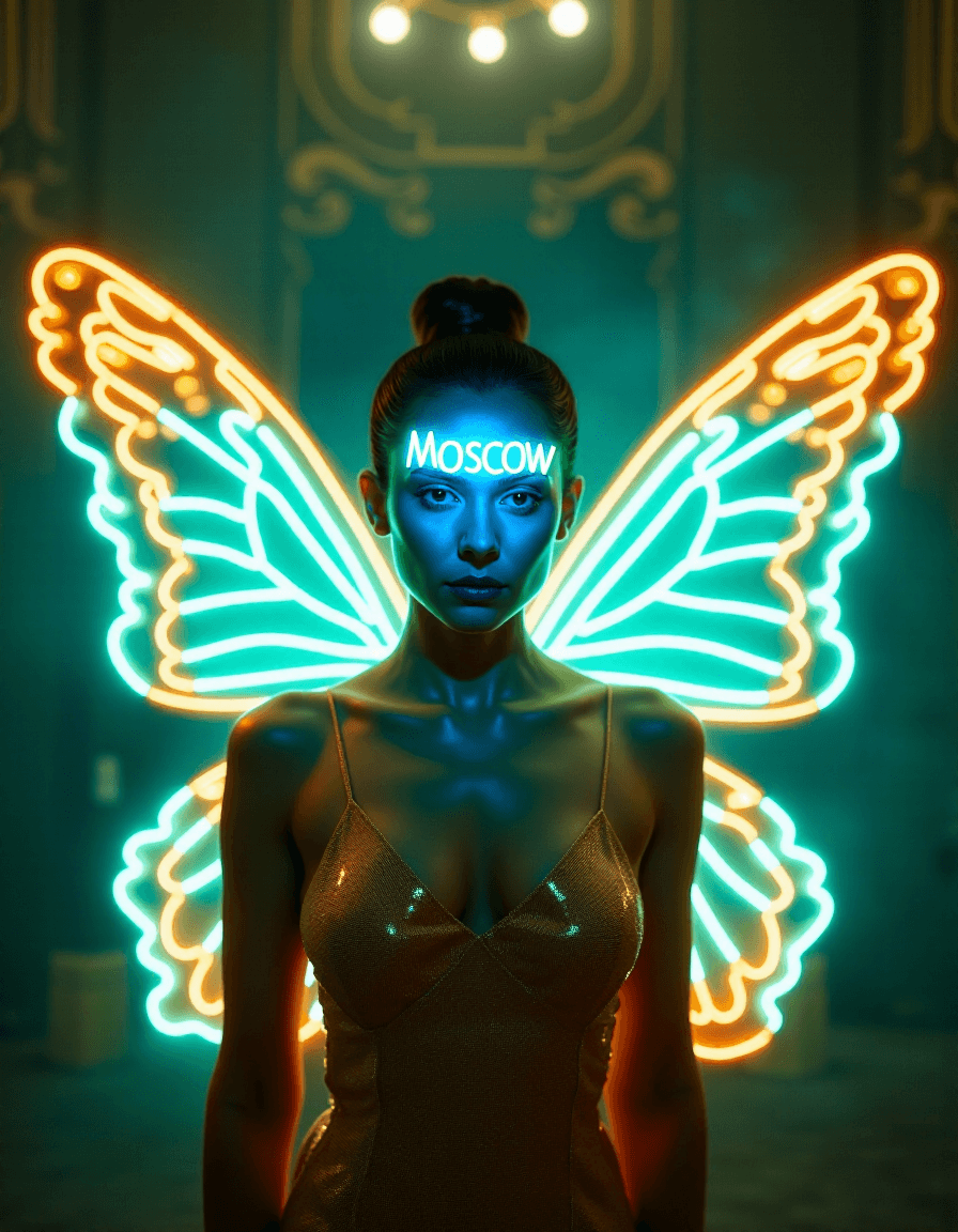 AI generated: <lora:detailer_flux_v1:1> cinematic 18k film still, a young woman wearing glowing butterfly wings. a...